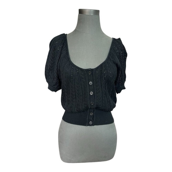 Catherine Malandrino Black Cropped Sweater Short Sleeve Knitted Button Cardigan - Picture 2 of 5